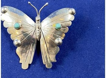 Sterling Silver Butterfly Pin Brooch With Turquoise