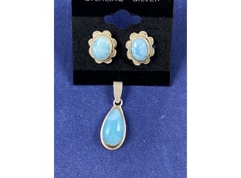 Sterling Silver And Larimar Teardrop Pendant And Earrings