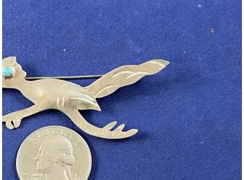 Sterling Silver Road Runner Pin Brooch With Turquoise