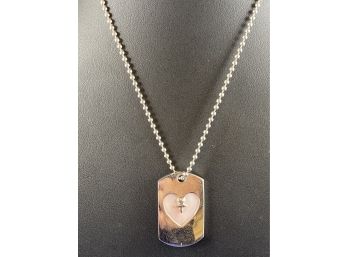 Sterling Silver  & Rose Quartz Dog Tag Heart Necklace, 16'