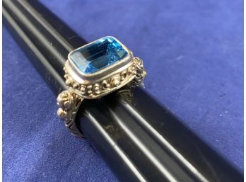 Sterling Silver And Blue Topaz Ring Cushion Cut With Beautiful Details, Size 8