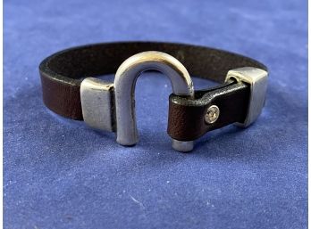 Sterling Silver Horseshoe Leather Bracelet With Diamond Simulant Accent, 6.5'