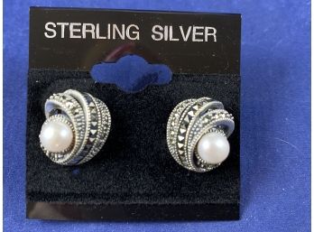 Sterling Silver Marcasite And Pearl Clip On Earrings