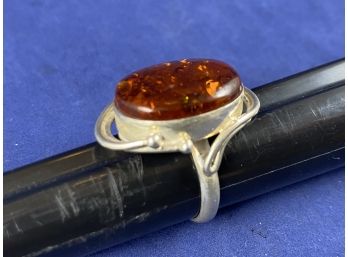 Sterling Silver And Amber Ring, Size 8