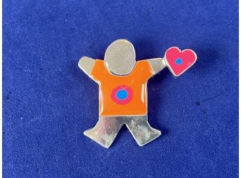 Sterling Silver Enamel Child With Heart Pin Brooch