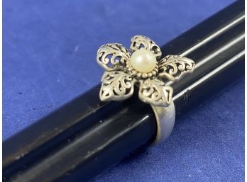 Sterling Silver Flower Ring With Pearl, Size 7