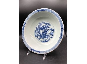 Large Blue And White Ceramic Chinese Bowl Handpainted With Houses And Trees