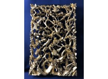 Exquisite Wood Panel Of Chinese Chaozhou Gilt Wood Carved Aviary Birds And Flowering Trees