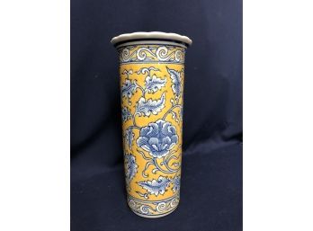 Tall Asian Flower Vase In Blues And Yellows