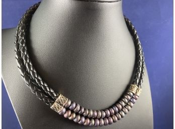 Sterling Silver, Black Tehitian Pearl And Leather Double Strand Necklace, 16'