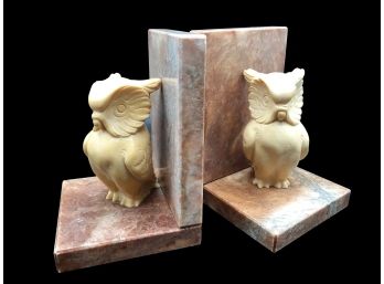 Vintage Pair Italian Marble Hand-carved Alabaster Owl Bookends Made In Italy