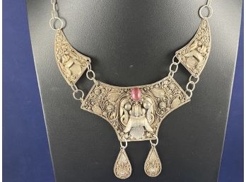 Vintage Primitive Sterling Silver Fillagree Necklace With Pink Cabachon, 16'