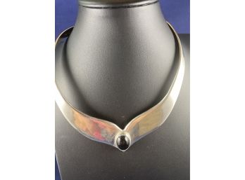 Large Sterling Silver Cuff Necklace With Blacl Onyx, Mexico