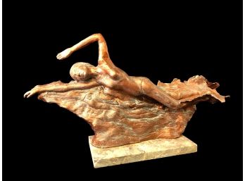 A Woman Swimming: Metal Sculpture Mounted Marble Slab Artist Unknown
