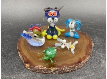 Set Of 5 Miniature Glass Animals On Geode Slice