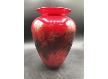 SIgned And Numbered Red Vase Decorated In Gold And Black