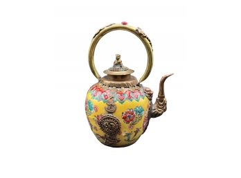 Big Copper Porcelain Flower Animal Zodiac Year Yellow Wine Tea Pot Flagon Gift Art