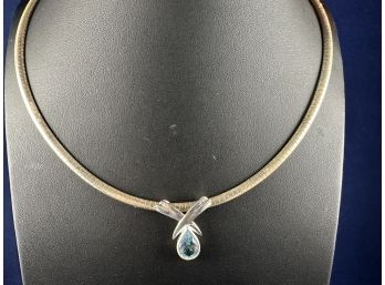 Sterling Silver Omega With Blue Topaz Pendant, 18'