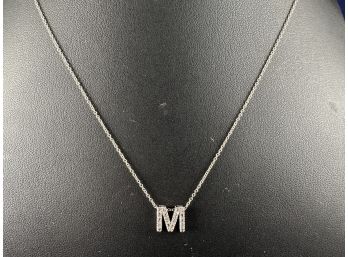 10K White Gold M Pendant With Diamonds On Sterling Silver Chain, 18'