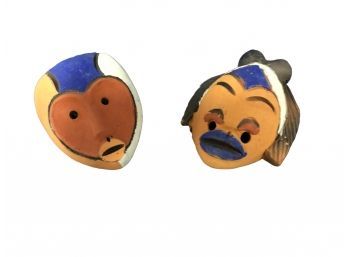 Pair Of Ceramic Tribal Masks, Hand Made, Hand Painted, Pottery,  MCM Decor,  Wall Hanging,  Primitive Art