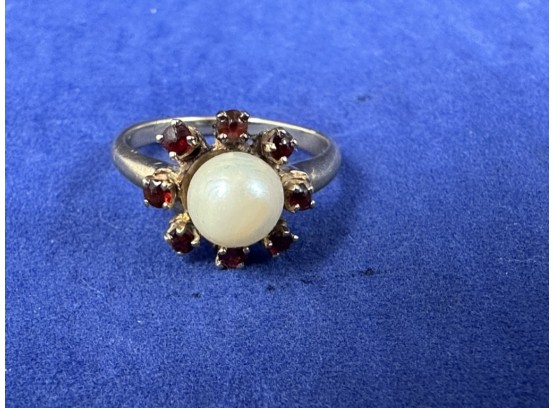 14K Yellow Gold Pearl And Ruby Ring, Size 4