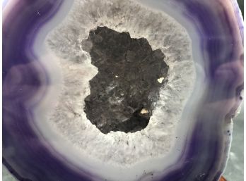 Blue/Purple Amethyst Geode Mounted On Wooden Platform Made And Found In Brazil