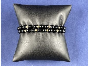 Black Onyx And 14K Gold Filled Vintage Double Strand Bracelet, 7.5'