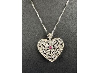 Sterling Silver Heart Pendant With Red Stone And Chain, Stunning Detail, 18'