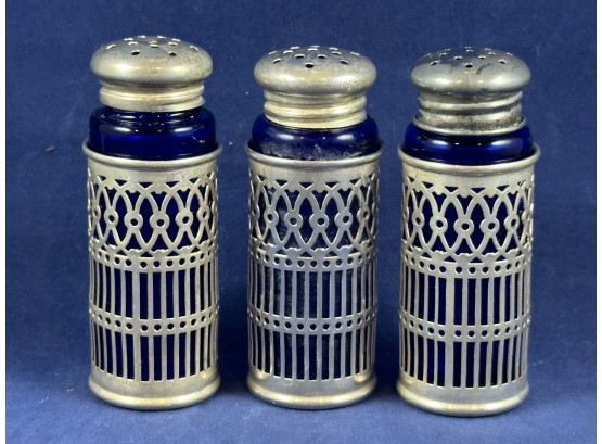 Set Of 3, Colbalt Blue Sterling Silver Plated Salt And Peppers
