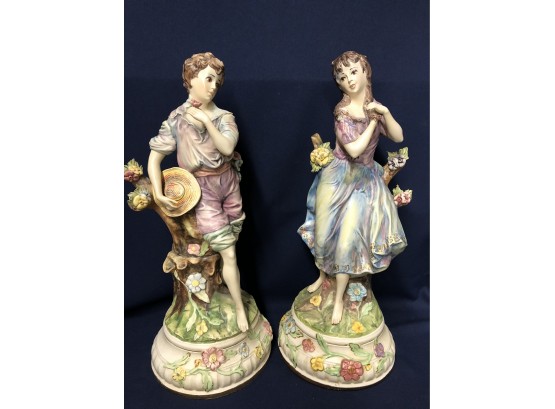 Pair Two Of Exquisitely Crafted Made In Italy French Country Ceramic Figures That Function As Lampstands