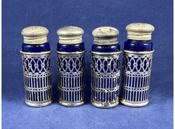 Set Of 4, Colbalt Blue Silver Plated Salt And Peppers