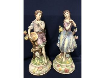 Pair Two Of Exquisitely Crafted Made In Italy French Country Ceramic Figures That Function As Lampstands