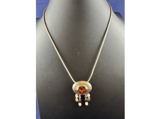 Sterling Silver And Amber Necklace With Cabachon Amethyst, Mother Of Pearl And Pearl Accents Signed EP, 18'