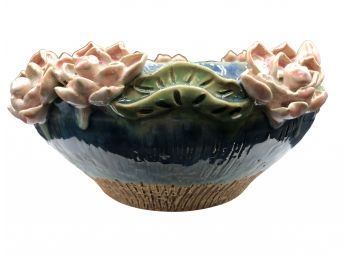 Modern Asian Ceramic Bowl With Lotus Leaves And Flowers Features