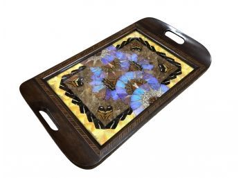Jose Ritzdorf & Maekelburg Ltda. Industrial Brasileira Wood Tray Decorated With Butterfly Wings