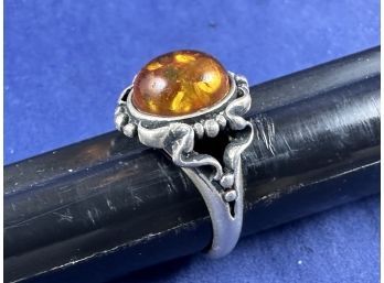 Sterling Silver Amber Ring , Size 7