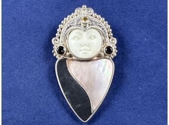 Sajen, Vintage Sterling Silver Pendant Or Pin Moonface With Amethyst, Citrine, Mother Of Pearl And Black Onyz