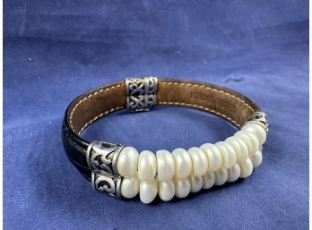 Sterling Silver, Black Leather And Pearl Bracelet, 8'