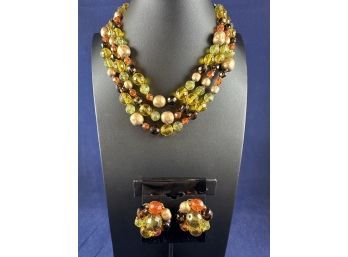 Vintage Multi Strand Necklace And Clip On Earrings With Czech Uranium Crystals, 13-16'