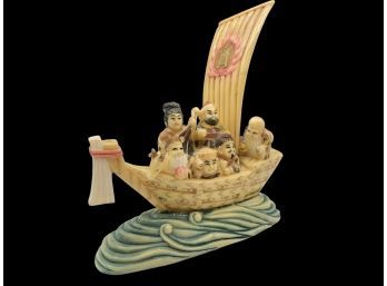 Carved Netsuke Sculpture Of Eight Asian People In A Sailboatsaipan