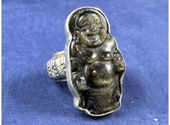 Amy Kahn Russell Sterling Silver Ring Carved Obsidian Buddha , Size 7