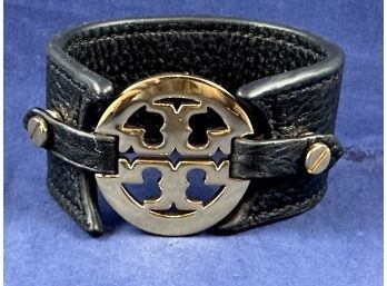 Tory Burch Black Logo Gold Wide Buckle Wrap Leather Cuff Bracelet