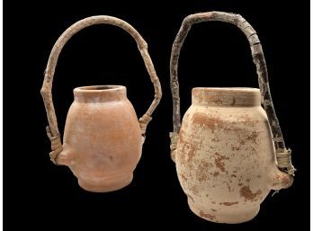 Two(2) Handcrafted Artisanal Terracotta Pots With Branch Twigs Handles From France Or  Anatolia