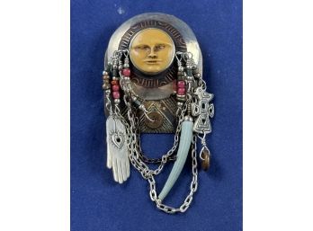 Vintage Tabra Talisman Tribal Moon Face Brooch Pin Sterling Silver And Mixed Metal