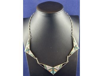 Sterling Silver Southwest Turquoise, Mother Of Pearl, Onyx Inlaid Necklace, 18'
