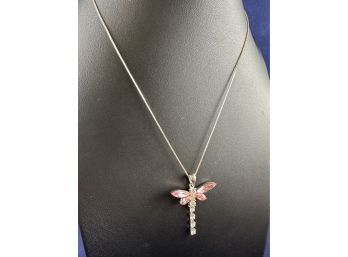 Sterling Silver Box Chain Necklace With Pink Dragonfly Pendant