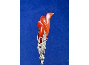 Silver Hat Pin With Carved Bird Or Flame