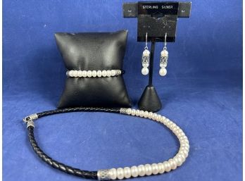 Pearl Leather And Sterling Silver Necklace Earrings And Bracelet