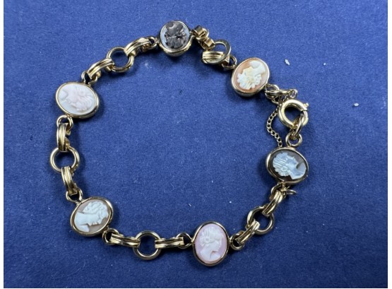 12K Yellow Gold Filled Multicolor Cameo Bracelet With Safety, 7'