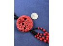 Carved Cinnabar And Black Onyx Asain Necklace, 28'
